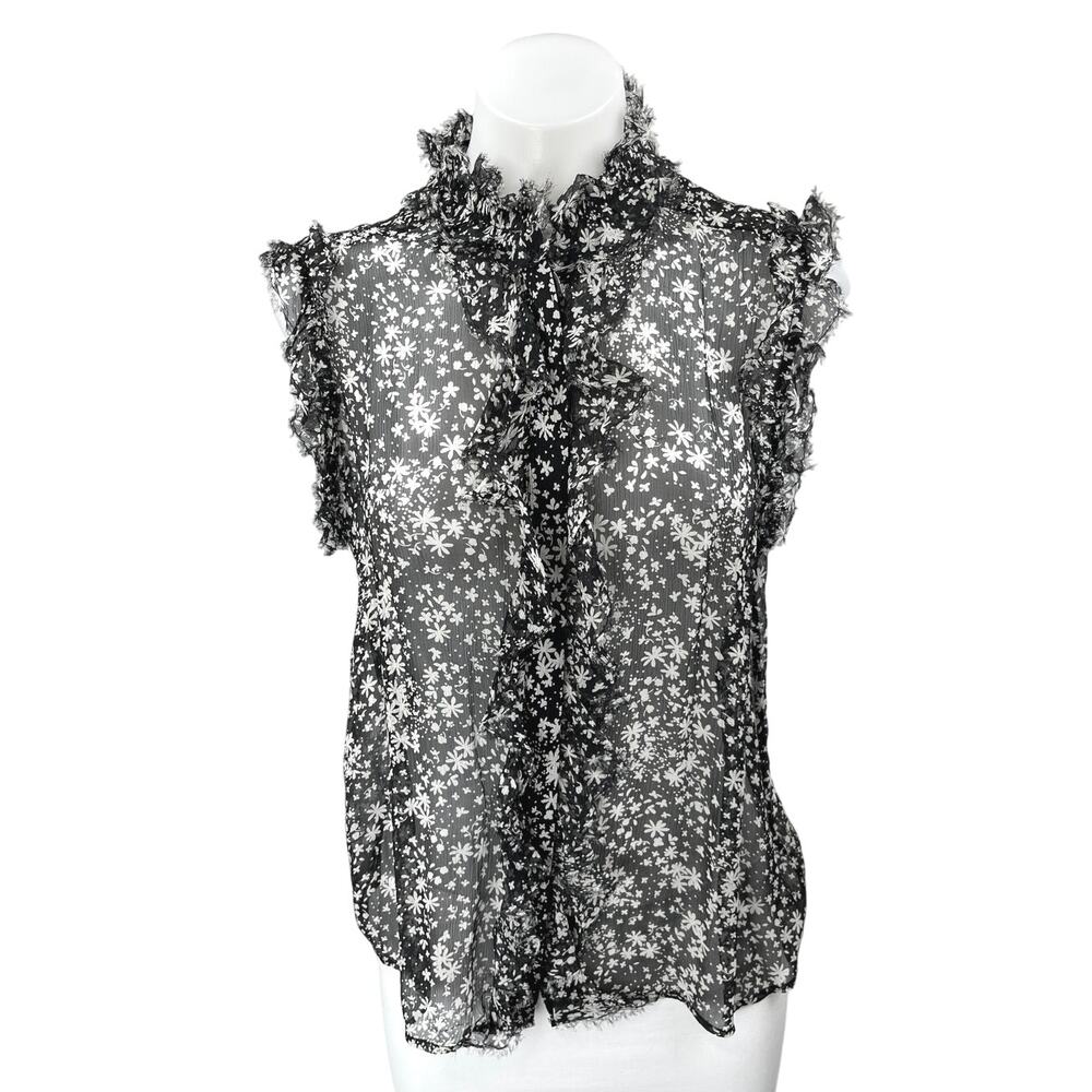 7 For All Mankind Black Floral Ruffle Sleeveless Button Sheer Cami Blouse Top XS
